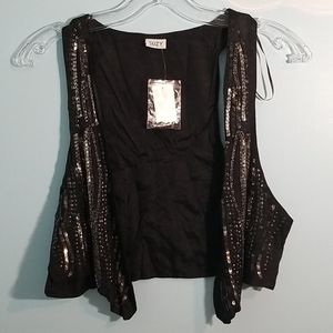 Suzy Shier black open vest with sequins/beads XL